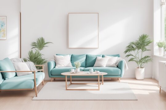 Interior mockup with picture frame on a Wall. Living room in pastel colors with sofa and painting on a wall 3D render.