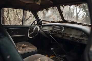 old car rusting in a forest