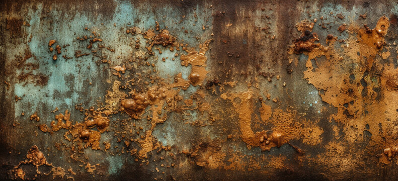 rusty metal background with blue and brown paint. Generative Ai © PETR BABKIN