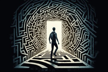 Man in maze is looking for way out. Concept of finding right solutions in life. Generative AI