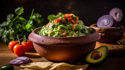 Guacamole Galore, a traditional molcajete filled with guacamole, made from avocados, tortilla chips.