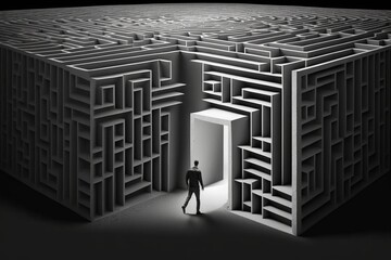 Man in maze is looking for way out. Concept of finding right solutions in life. Generative AI