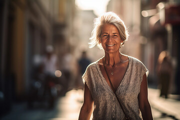 Generated with AI Happy laughing mature man, smiling middle-aged old senior confident, portrait, walking in a street, dress, ia generated - obrazy, fototapety, plakaty