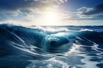 Fototapeta na wymiar an ocean wave with a sun shining through it. Generative Ai