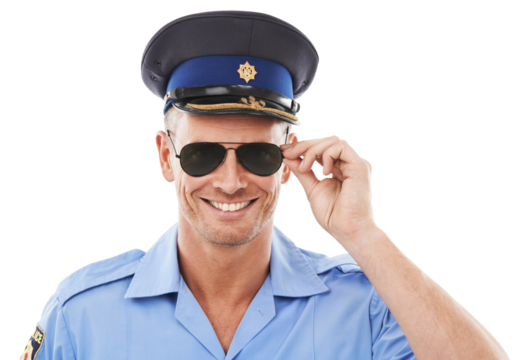 Portrait, police and smile with a man isolated on a transparent background for safety. Law enforcement, justice and security with a handsome male officer in uniform on PNG for public protection