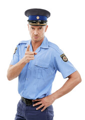 Portrait, police man and officer pointing isolated on a transparent png background for justice. Law enforcement, serious and mature policeman point with hand gesture for warning, stop crime and no.