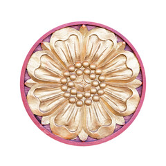 carved wood gold flower isolated on white background with clipping path. 