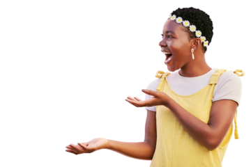 Black woman, excited and hand or palm for advertising brand space isolated on a transparent png background. Natural beauty, happy and hands of an African girl with announcement, promotion or news