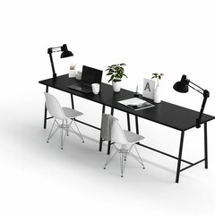 3d rendering of a modern black office desk with a desktop computer, two chairs, and a desk lamp