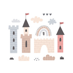 Cartoon castle, rainbow,  decor elements. Colorful vector illustration for kids, flat style. baby design for card, print, poster, cover.