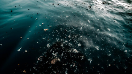 Obraz premium Plastic bags and plastic particles floating in the sea.