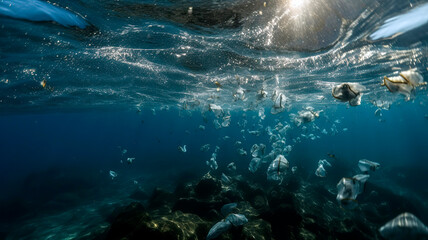 Plastic bags and plastic particles floating in the sea.