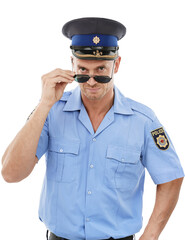 Portrait, police man and officer in sunglasses isolated on a transparent png background. Law...