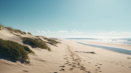 Fototapeta na wymiar Footprints on sand dunes on a beach. Generative AI