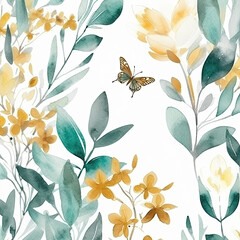 Watercolor pattern with yellow flowers and a butterfly. Generative AI