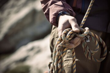close up of a person climbing a rope, ai generative