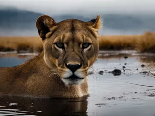 Lion is standing in a body of water. Generative AI