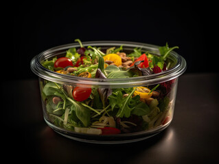 Salad in a glass container on a black background. Generative AI