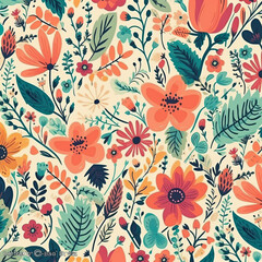 Colorful floral pattern on a beige background. Generative AI