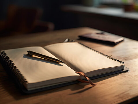 Open notebook on a wooden table. Generative AI