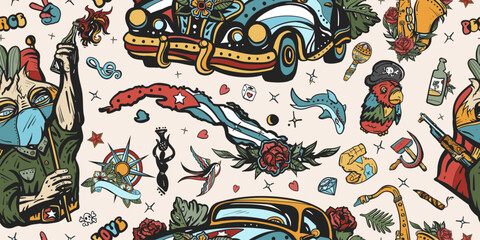 Cuba. Havana retro cars. Revolutionary communist, map, cigar, rum. History and culture, island of freedom. Old school tattoo collection. Traditional tattooing style