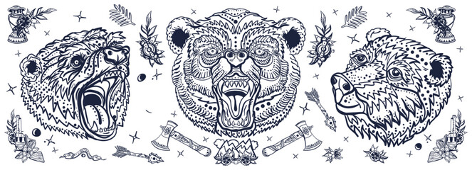 Bear head. Aggressive grizzly, traditional tattooing style. Wild animals, outdoor concept. Old school tattoo collection