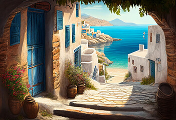 Greek island alley with traditional houses with blue doors - obrazy, fototapety, plakaty