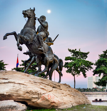 Bronze statue of The Royal Warriors, two horses ridden by Khmer soldiers,carrying swords,Phnom Penh Riverside,Cambodia.