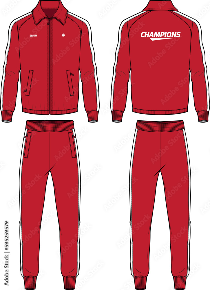 Wall mural Long sleeve polo collar track suit jacket sweatshirt with jogger track bottom design flat sketch Illustration, running jacket with sweat pant front and back view, winter jacket for Men and women.