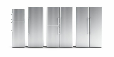 Collection of stainless steel refrigerators organized side-by-side on white background, 3D rendered