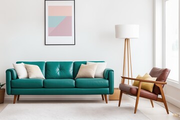 Interior mockup with picture frame on a Wall. Living room in pastel colors with sofa and painting on a wall 3D render.