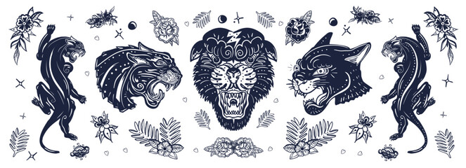 Black panthers. Old school tattoo collection.  Traditional tattooing art. Japanese style. Vintage wild cats
