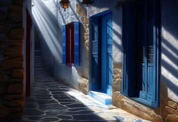 Greek island alley with blue doors