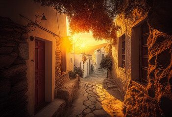 Greek island alley with traditional houses with blue doors