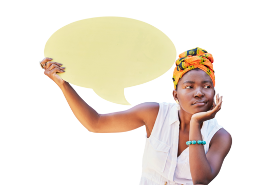 Social media, speech bubble and bored with a black woman isolated on a transparent background. Thinking, ideas and announcement with a doubtful young african person holding an opinion poster on PNG
