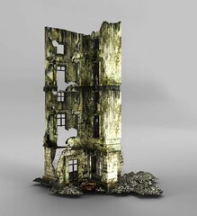 Destroyed high-rise building with large windows on its exterior, 3D rendered