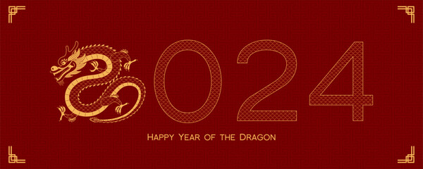 2024 Lunar New Year Chinese dragon, decorative frame, typography, gold on red. Vector illustration. Line art. Asian style design. Concept for traditional holiday card, banner, poster, decor element