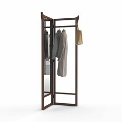 Freestanding coat rack with a coat and a shirt hanging from it, on a white background, 3D rendered