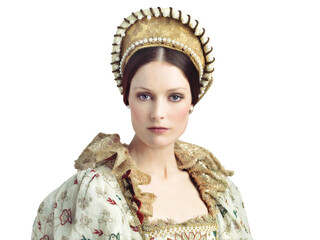 Portrait, queen and woman in royal fashion on isolated, transparent or png background. Theatre, face and lady with crown, vintage or clothing for medieval, show or rehearsal in victorian aesthetic