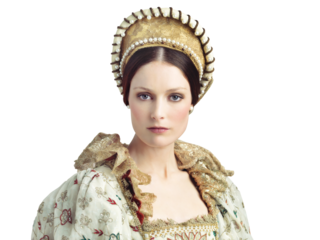 Portrait, queen and woman in royal fashion on isolated, transparent or png background. Theatre, face and lady with crown, vintage or clothing for medieval, show or rehearsal in victorian aesthetic