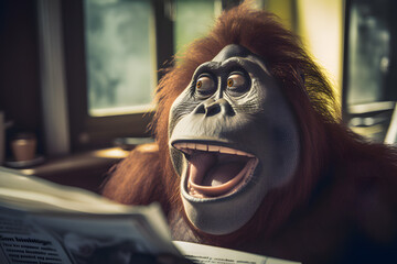 Red-haired orangutan primate reads a newspaper and smiles cheerfully laughs at the workplace at the table in the office. Generative AI.