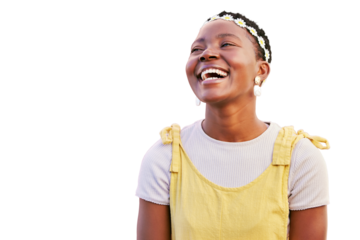 Laugh, thinking and woman with a funny idea or memory isolated on a transparent, png background. Fashion, natural beauty and happy face of a black person laughing for comic emoji or promotion
