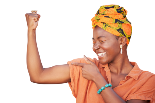 African woman, muscle and flex isolated on transparent png background for power, success and hard work. Happy model or person in empowerment, feminism or strong hand and arm for energy or motivation