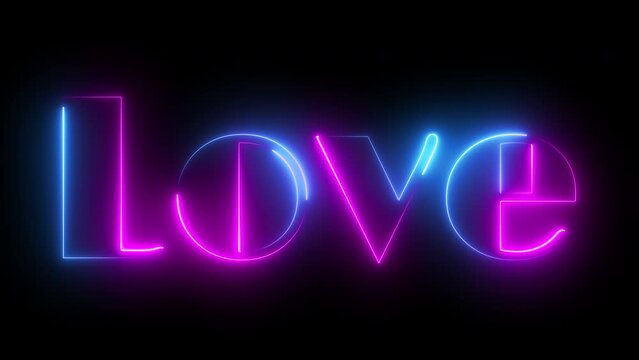 Light blue and pink neon glowing love text on black background. Seamless loop animation