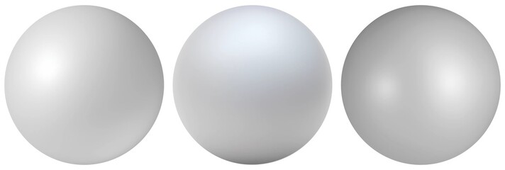 Differently lit white balls on white background isolated. 3d sphere object set.