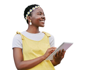 Idea, tablet and smile with a black woman isolated on a transparent background for social media....