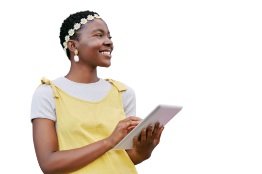 Idea, tablet and smile with a black woman isolated on a transparent background for social media. Thinking, technology and happy with an attractive young african person browsing the internet on PNG