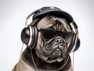 Pug listening to Music with Headphones headshot. Generative AI  