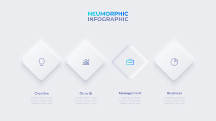 Rhombuses are arranged horizontally in a row. Button click visualization. Neumorphic infographic with 4 options