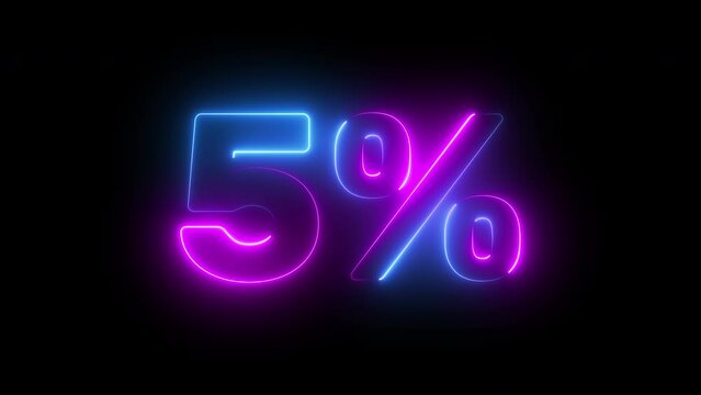5 percent neon glowing sign on black background loop animation